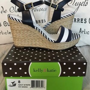Kelly & Katie navy stripe strap wedge